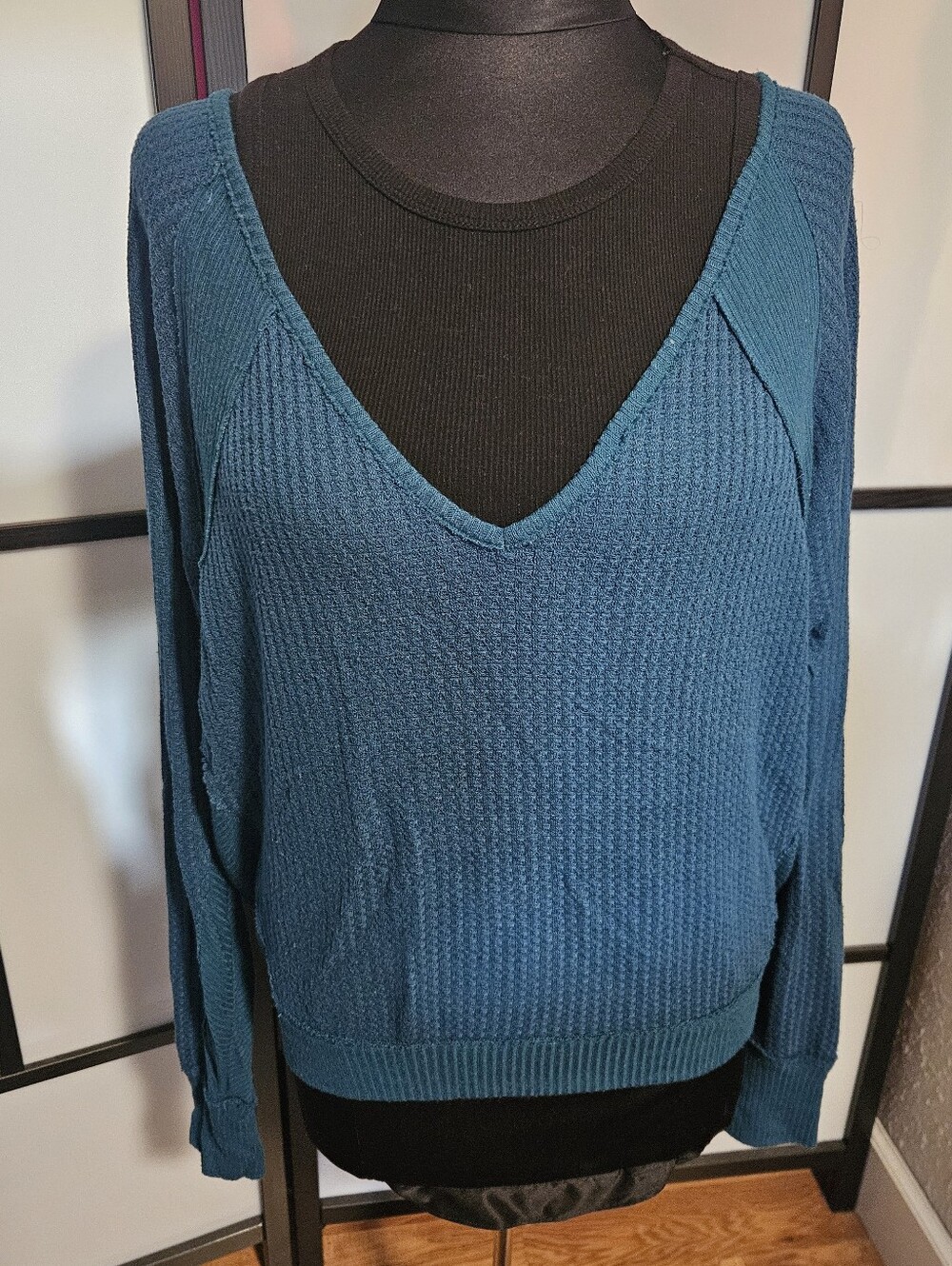 We The Free Teal V-Neck Waffle Knit Sweater Long Sleeve Tshirt